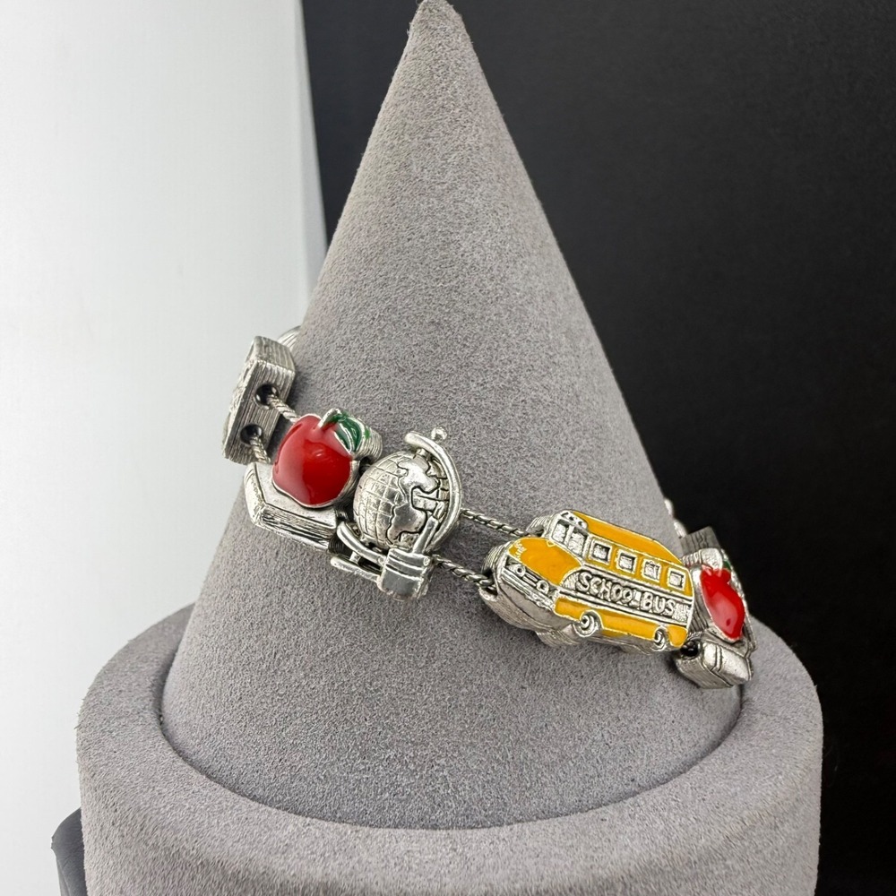 Vintage Estate Slide Charm Bracelet Silver Tone Enamel Teacher School 7in